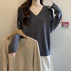 批发春秋<b class='q'>大码</b>胖mm新款韩版长袖V领套头内搭打底针织衫女宽松毛衣上衣