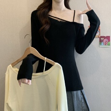 批发<b class='q'>大码</b>韩系灰色一字肩长袖针织打底衫女小众不撞款内搭不规则上衣