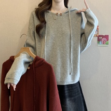 批发大码胖mm欧货秋冬新款慵懒风连帽宽松软糯套头休闲简约百搭针织衫