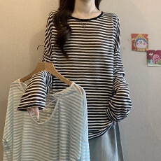 批发大码胖mm美式设计感防晒罩衫t恤女夏宽松慵懒休闲长袖条纹上衣