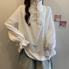 批发大码秋冬新款法式简约气质设计感立体花朵长袖衬衫时髦宽松上衣女