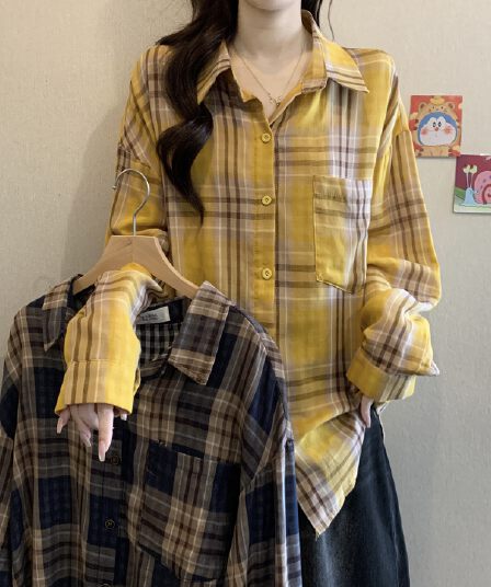 한 부서 세련된 ab 얼굴 이중층 면사 체크무늬 긴팔 빅 사이즈 여성 가을 여름 느긋한 바람 루즈핏 다용도 셔츠 재킷