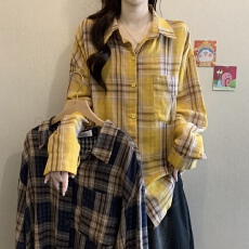 批发韩系时髦AB面双层棉纱格子长袖大码女<b class='q'>秋</b>夏慵懒风宽松百搭衬衣外套