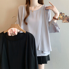 批发洋气减龄<b class='q'>雪纺衫</b>短袖女夏大码胖mm宽松显瘦遮肚不规则欧货<b class='q'>中袖</b>上衣