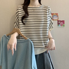 批发韩系温柔风斜肩五分袖针织衫女春夏设计感大码收腰显瘦气质上衣