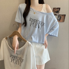 批发胖mm性感假两件吊带露肩短袖T恤女夏季新款印花字母短款大码上衣