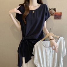 批发纯色设计感不规则绑带短袖<b class='q'>衬衫</b>女夏季大码胖mm显瘦遮肚子收腰上衣