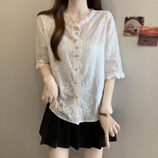 批发白色<b class='q'>衬衫</b>女夏季大码日系趣味减龄蕾丝边刺绣<b class='q'>衬衣</b>百搭娃娃衫上衣潮