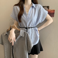 批发假两件格子翻领短袖<b class='q'>衬衫</b>女夏季大码微胖mm收腰显瘦中长款上衣