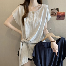 批发系带收腰短袖打底<b class='q'>衬衫</b>女夏季2026大码胖mm显瘦遮肚不规则别致上衣