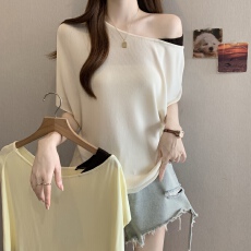 批发2026夏季大码纯欲风露肩上衣女撞色高级感细针织斜肩半袖打底衫