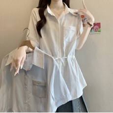批发独特别致收腰短袖衬衫2026夏季新款大码女装胖mm高级显瘦正肩上衣
