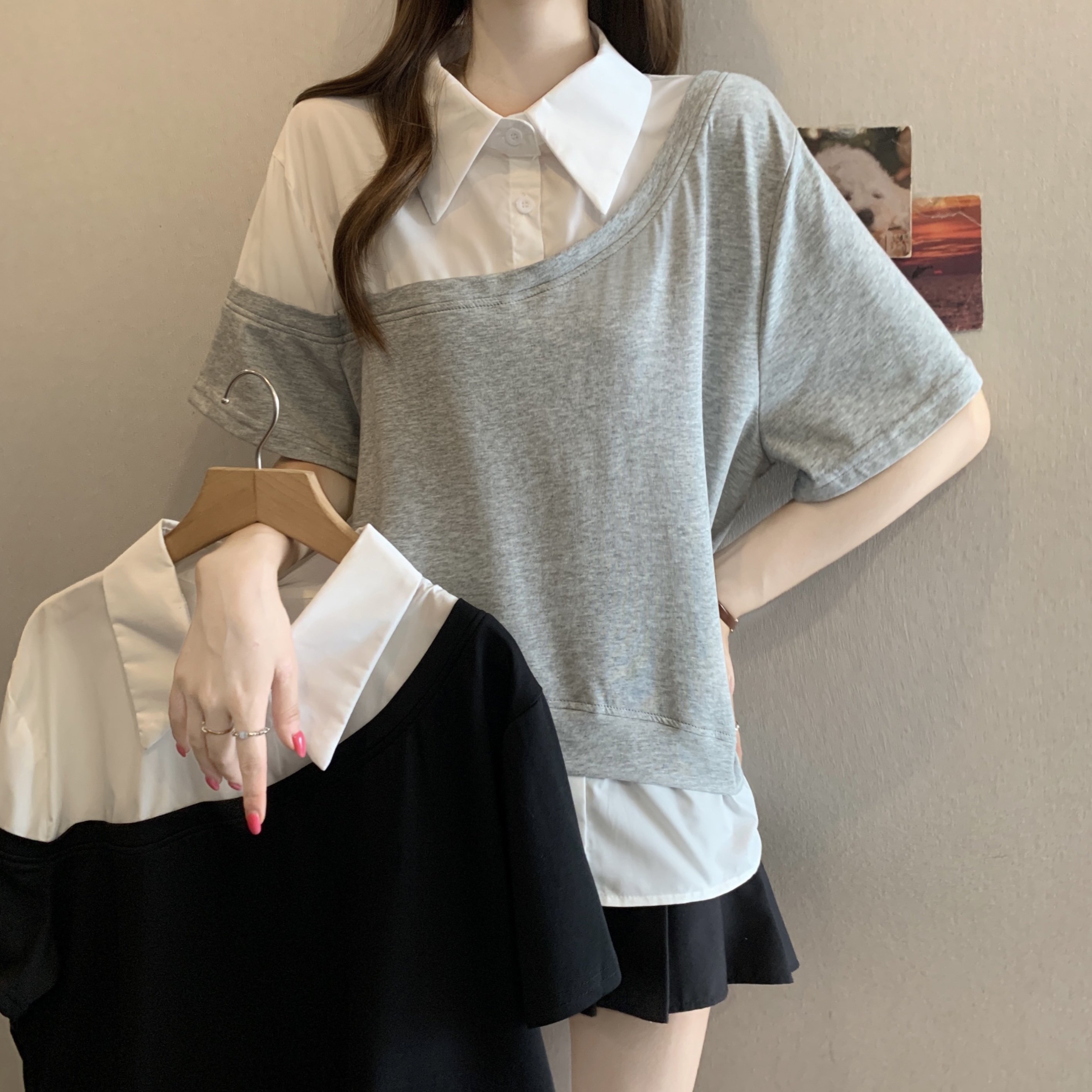 배색 페이크 레이어드 패치워크 반팔 티셔츠 여름 빅 사이즈 여성 의류 지방 mm 루즈핏 표지 배 슬림해 보이는 긍정적 인 어깨 의류