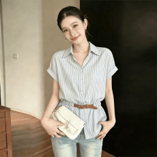 批发条纹v领收腰打底衫短袖衬衫女夏季新款微胖大码高级感巨好看上衣