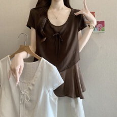 批发大码法式假两件系带V领短袖衬衫女夏季胖妹妹宽松遮肚子独特上衣