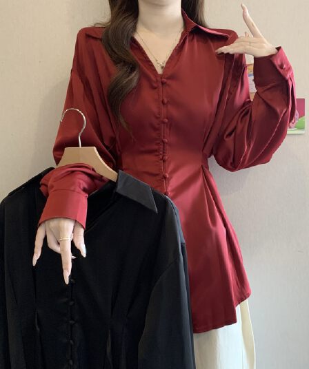 고급 센스 검정색 긴팔 여성 셔츠 2026 이른 가을 새로운 빅 사이즈 지방 mm 허리 수축 슬림해 보이는 외국 가스 맨위