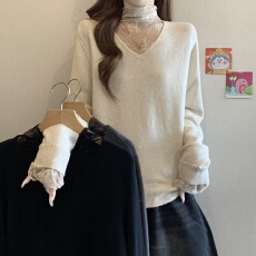 批发蕾丝拼接假两件长袖针织打底衫女早<b class='q'>春</b>季微胖mm大码高级感内搭上衣