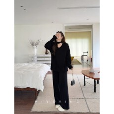 批发应小姐温柔随笔2.0微胖大码秋款慵懒法式显瘦针织上衣+长裤套装