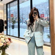 批发<b class='q'>冬</b>季新款蓝格纹毛呢西装外套女宽松显瘦气质毛绒呢子大衣加羽绒