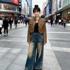 批发<b class='q'>春</b>秋新款棕色立领短款皮夹克女复古酷飒机车风显瘦百搭皮衣上衣