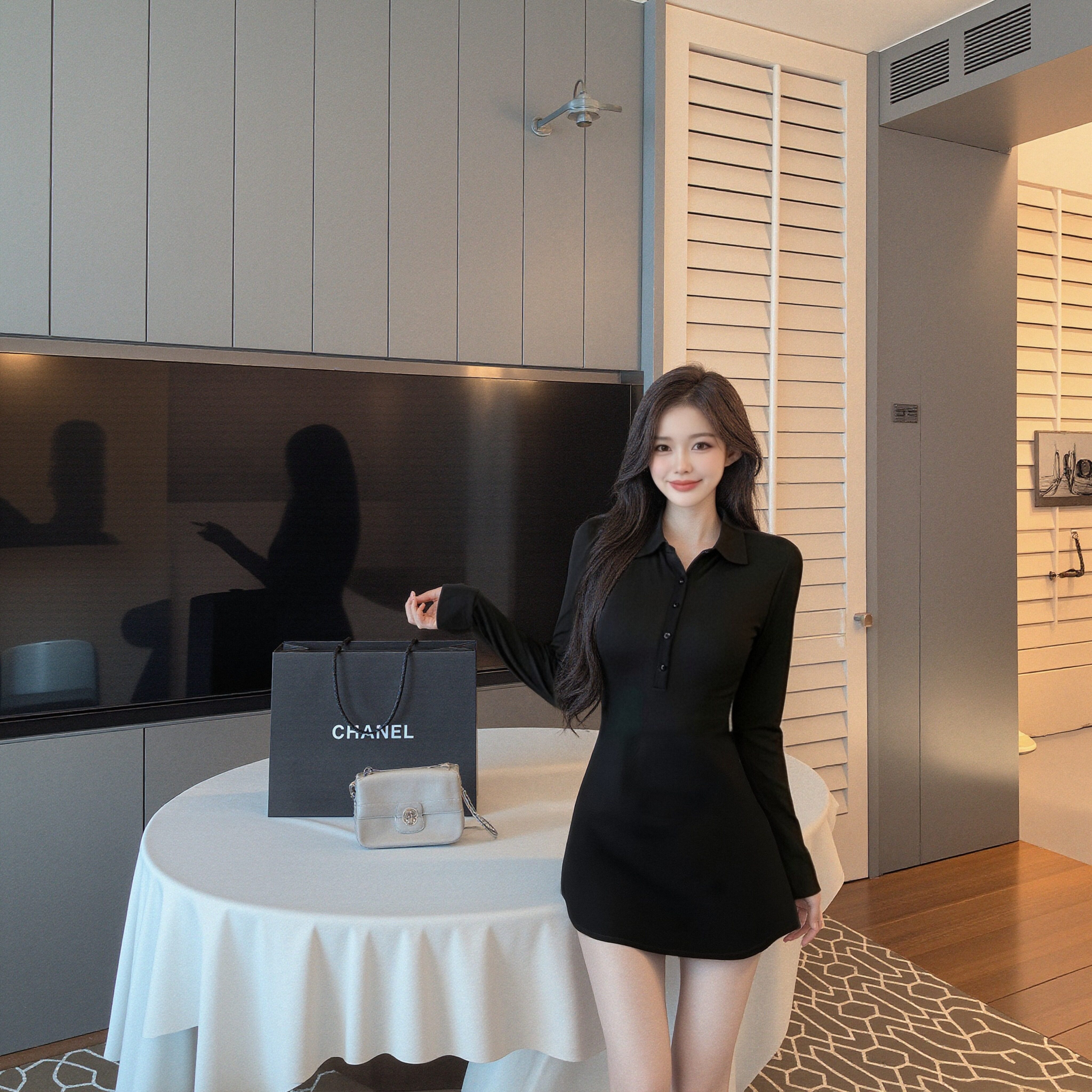 이른 봄 새로운 검정색 POLO 칼라 긴팔 여성 드레스 몸매 가꾸기 슬림해 보이는 미니 스커트 품격 빛 럭셔리 출퇴근 데이트 치마