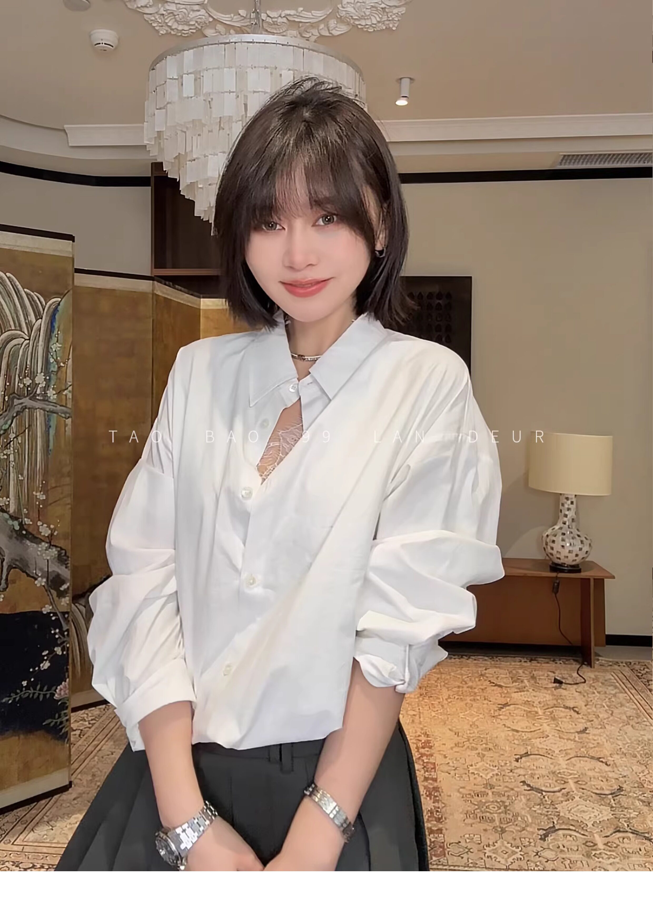 빅 사이즈 지방 mm 슬립 루즈핏 쇼트 스타일 허리밴드 페이크 레이어드 여성 셔츠