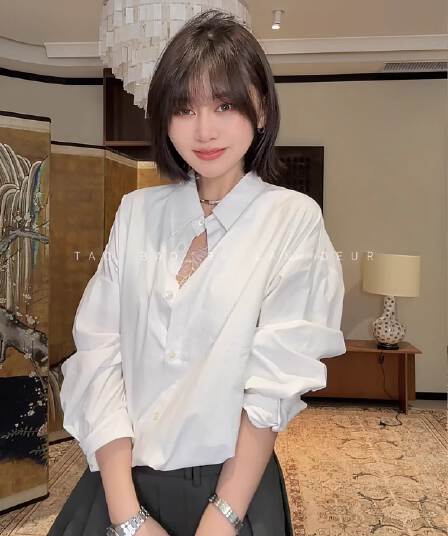 빅 사이즈 지방 mm 슬립 루즈핏 쇼트 스타일 허리밴드 페이크 레이어드 여성 셔츠