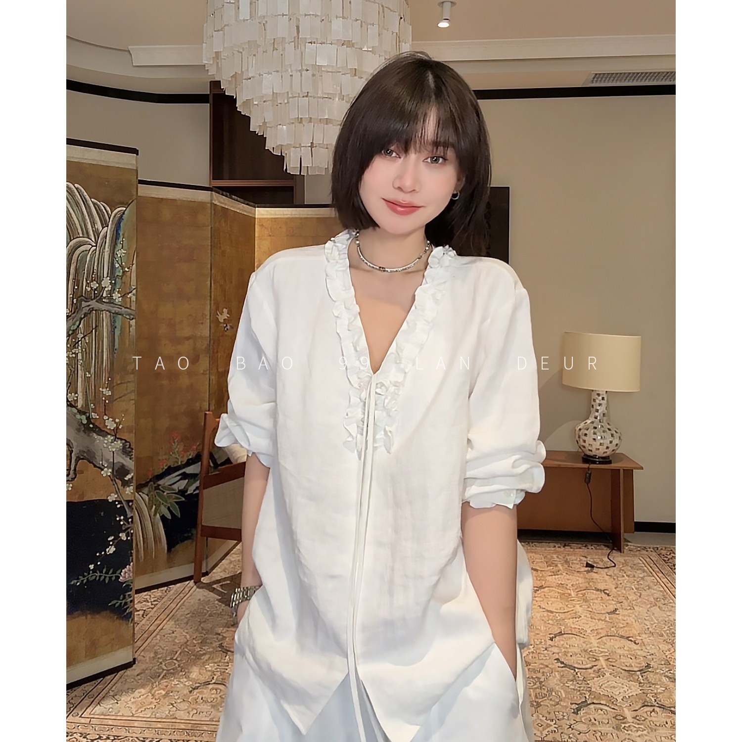 홋카이도 사랑 이른 봄 프랑스식 우아함 V넥 슬림해 보이는 레이스 셔츠