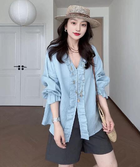 지구 산책 100 아마 프랑스식 품격 고급 센스 주름 프릴 V넥 파란색 셔츠