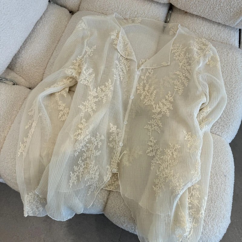 우울한 이상한 나라 무거운 작업 레이스 자수 V넥 긴팔 오픈 가디건 프랑스식 품격 다용도 셔츠 켜기 여성