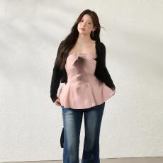 批发张大人蜜桃甜霜大码女装微胖妹妹美式复古波点粉裹胸衫