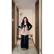 批发大码胖MM假两件方领长袖T恤女早<b class='q'>春</b>季撞色蝴蝶结收腰百搭显瘦上衣