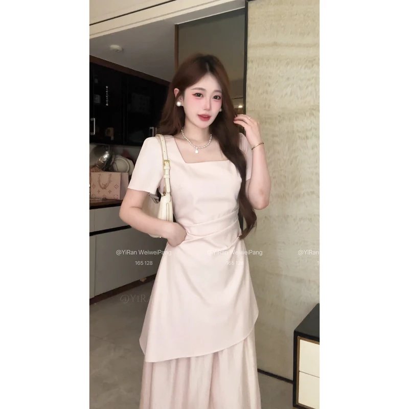 빅 사이즈 여성 의류 품격 부드러운 바람 프랑스식 여름 허리 수축 슬림해 보이는 반팔 광장 칼라 드레스