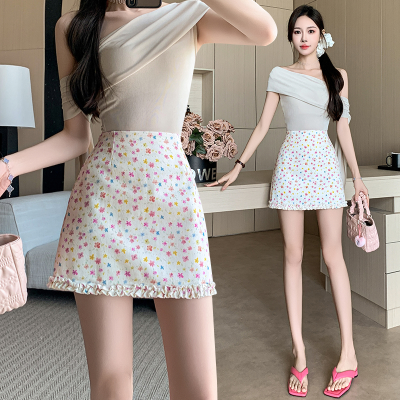 FA35707# 夏季百搭韩版高腰显瘦包臀A字碎花白色牛仔半身短裙女 服裝批發女裝批發服飾貨源