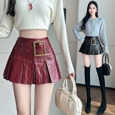 批发实拍 秋冬款短裙女美式辣妹<b class='q'>街头</b>风高腰PU皮裙小个子百褶裙