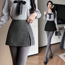 批发实拍 开叉毛呢短裙<b class='q'>女</b>秋冬款高腰包臀半身裙防走光<b class='q'>裙裤</b>