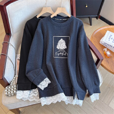 批发实拍大码女秋冬新款韩版百搭圆领印花蕾丝拼接加厚保暖打底衫T恤