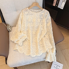 批发实拍<b class='q'>大码</b>春季新款圆领立体钩花镂空宽松蕾丝衫高级内搭打底衫上衣