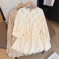 批发实拍大码女装胖妹妹春装韩版简约百搭纯色圆领宽松型蕾丝衫