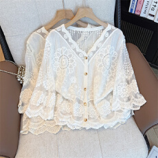 批发实拍大码女装胖MM夏季新款法式镂空网纱拼接七分袖上衣开衫