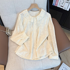 批发实拍<b class='q'>大码</b><b class='q'>女装</b>娃娃领减龄百搭衬衫春秋复古设计感百搭小众长袖衬衣