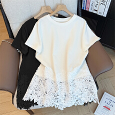 批发实拍大码<b class='q'>女装</b>胖mm简约圆领宽松短袖T恤中长款蕾丝勾花拼接式上衣
