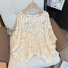 批发实拍大码女装胖mm法式镂空钩花防晒罩衫薄款<b class='q'>宽松</b>蝙蝠袖针织衫上衣