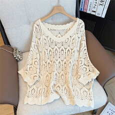 批发实拍大码女装法式钩花镂空蝙蝠袖针织罩衫胖妹妹<b class='q'>宽松</b>百搭减龄上衣
