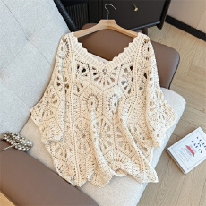 批发实拍大码女装法式钩花镂空蝙蝠袖针织罩衫胖妹妹<b class='q'>宽松</b>百搭减龄上衣