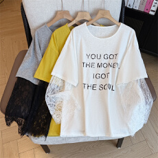 批发实拍<b class='q'>大码</b>女装蕾丝拼接圆领短袖设计感T恤胖mm宽松上衣简约防晒衣