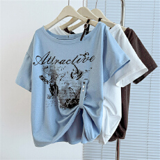 批发实拍大码女装夏新款不规则印花设计百搭斜肩<b class='q'>T</b><b class='q'>恤</b>休闲显瘦<b class='q'>个性</b>上衣