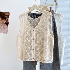 批发实拍<b class='q'>大码</b>女新款高级感百搭镂空钩花波西米亚叠穿<b class='q'>开衫</b>马甲外搭上衣