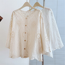 批发实拍夏季新款韩版百搭减龄全棉镂空刺绣V领<b class='q'>开衫</b>衬衫上衣小衫