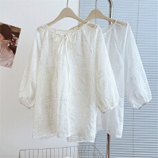批发实拍大码女装法式轻薄高端天丝刺绣镂空正肩韩版宽松大版短袖<b class='q'>衬衫</b>